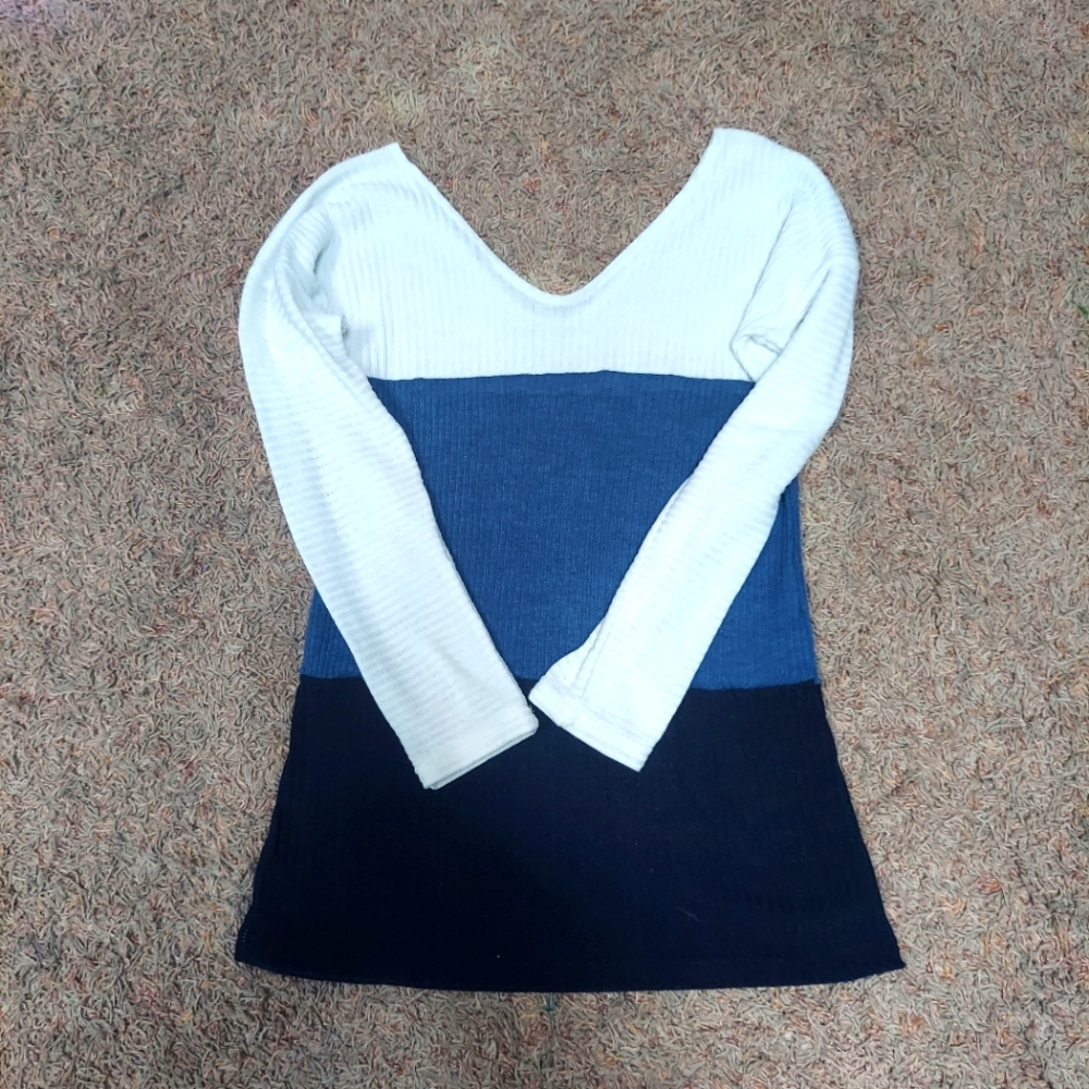 V-Neck Womens Ribbed Sweater Color Block Size Medium